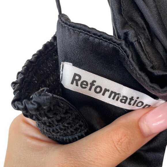 Reformation Encino Silk Sleeveless Smocked Back A-Line Mini Dress Black Sz 4 - Picture 3 of 9